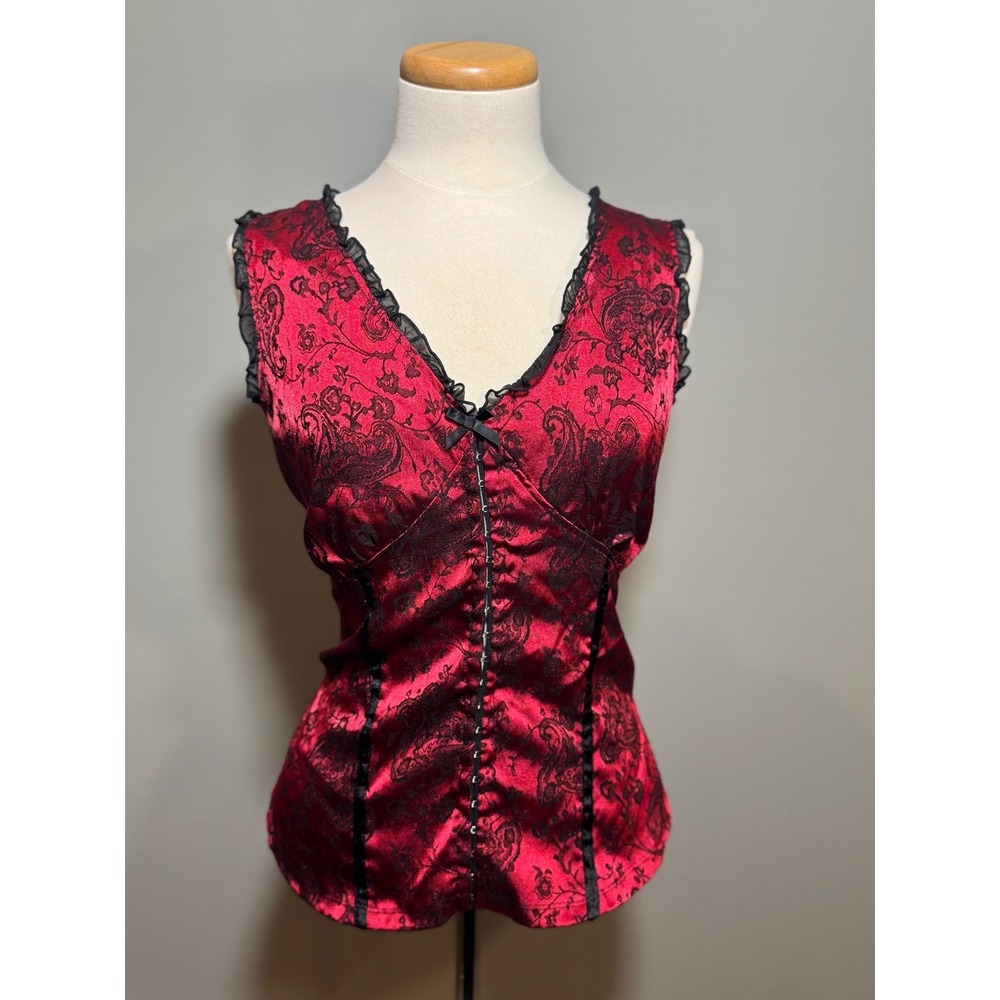 Fashion Bug Red and Black Lace-Trim Satin Tank Top